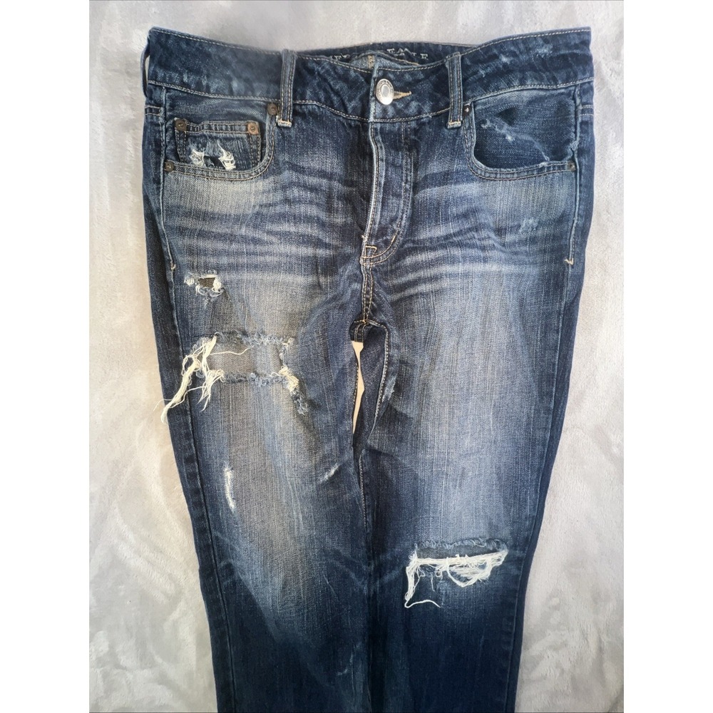 American Eagle Womens Boy Jean Size 10(34x28 Distressed Blue Denim Button Fly AE